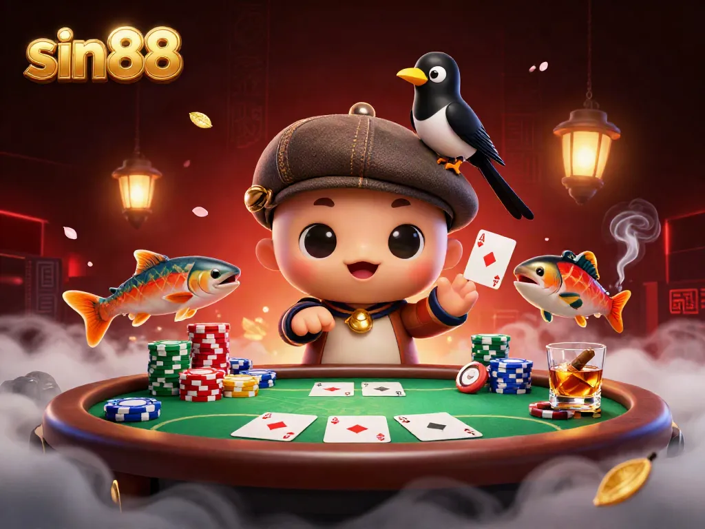 sin88 features a playful 3D cartoon baby Nessie at a poker table surrounded by vibrant gambling elements.