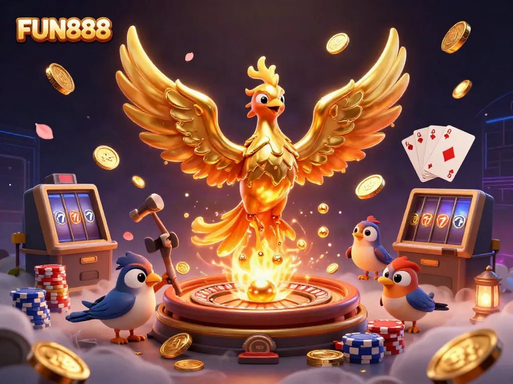 Win big with FUN888's exciting 3D illustration showcasing vibrant casino elements and rich graphics.