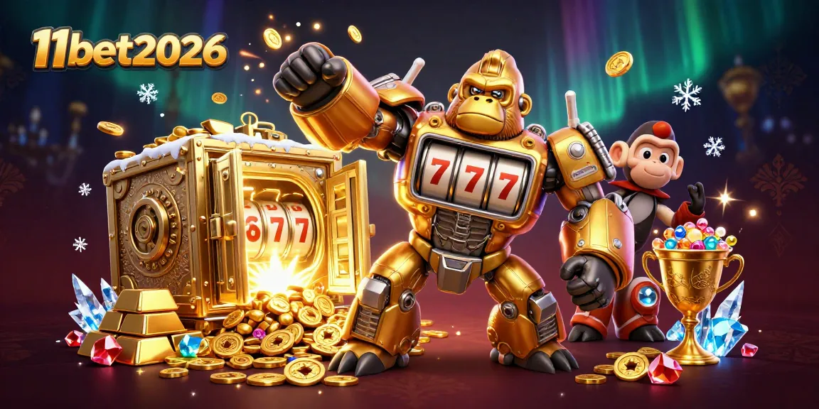 Experience thrilling wins at 11bet2026 with a dynamic golden gorilla mech illustration packed with casino treasures.