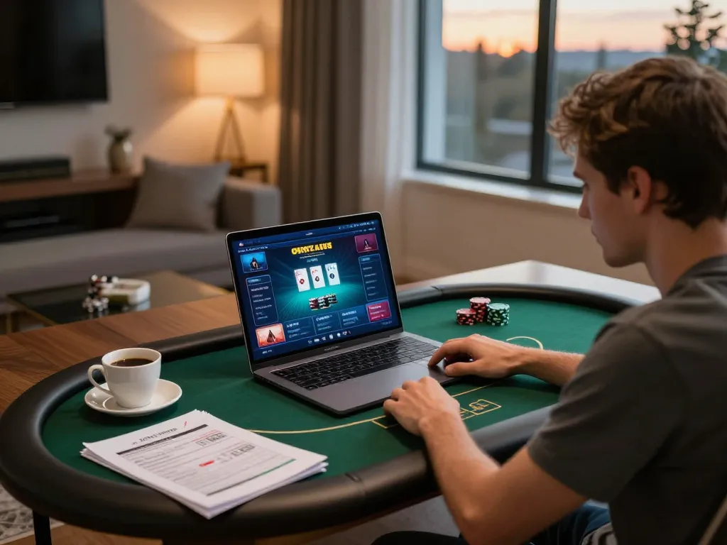 Playing poker on nhacaiuytinn platform from a cozy home setup with strategy notes and warm lighting.