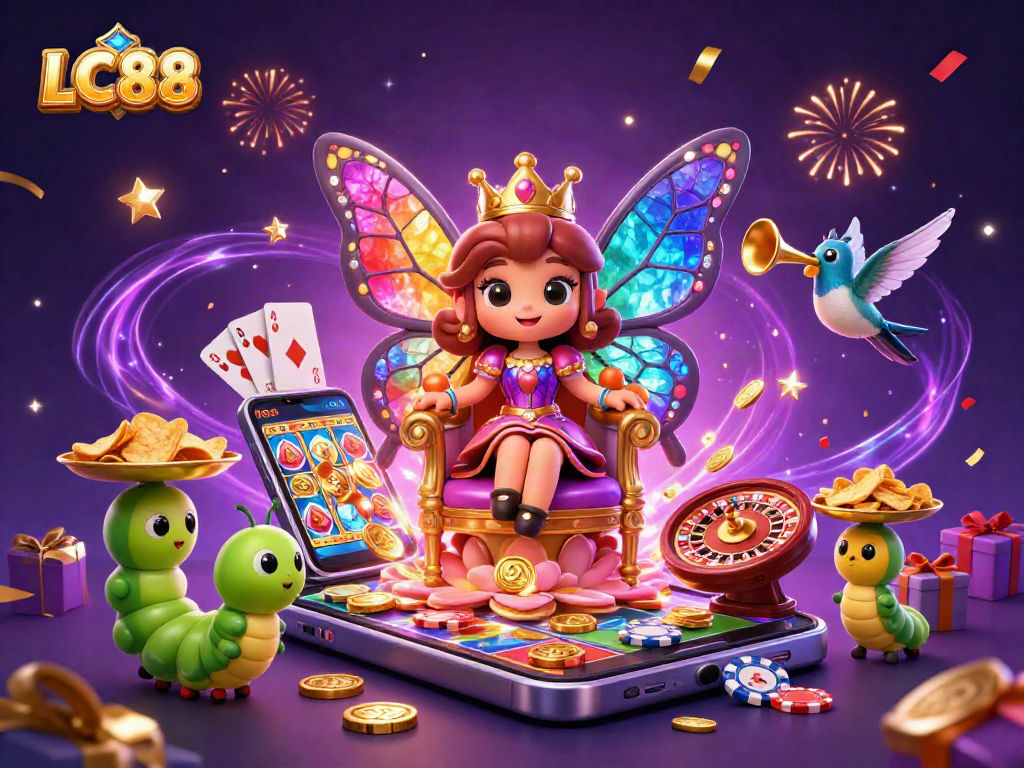 LC88 showcases a vibrant game scene with a butterfly queen, chips, and festive elements.