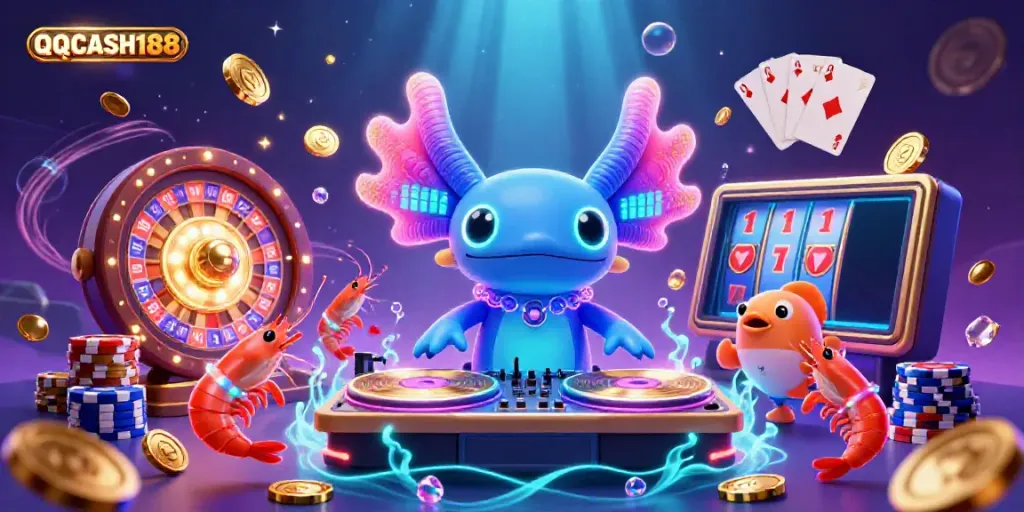Join the excitement at QQCASH188 with vibrant 3D characters and casino elements swirling in a dynamic digital scene.