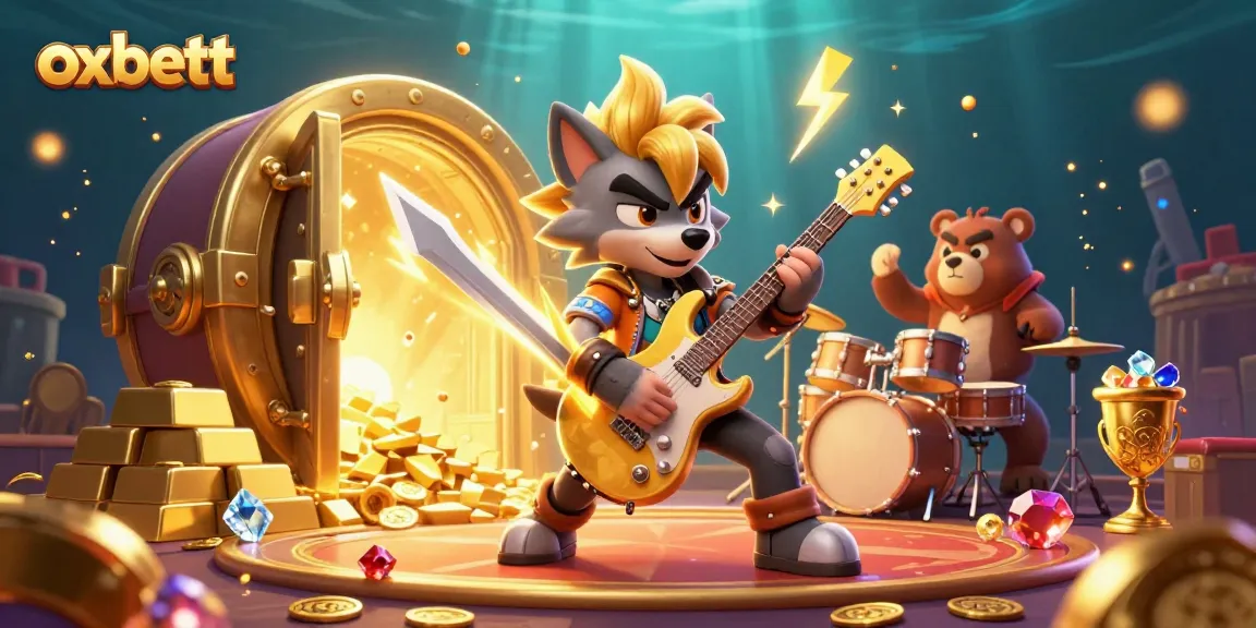 Experience thrilling gameplay at oxbett with a dynamic illustration of a rock star wolf and drummer bear on a casino stage.