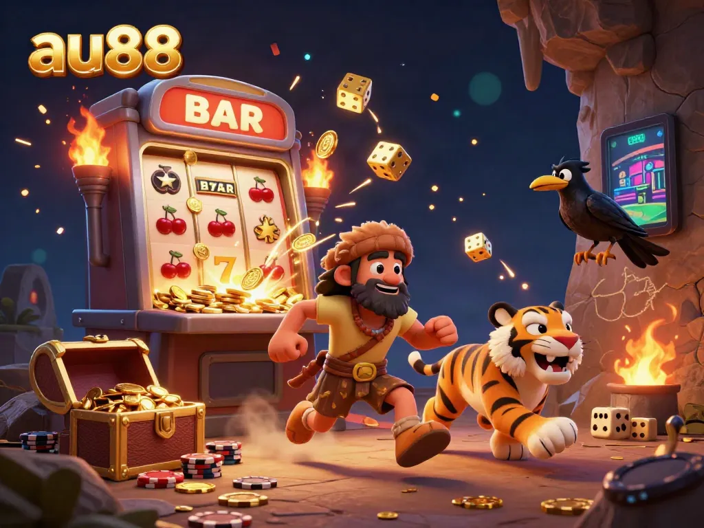 Exciting au88 casino scene with prehistoric characters, slot machines, and jackpots.
