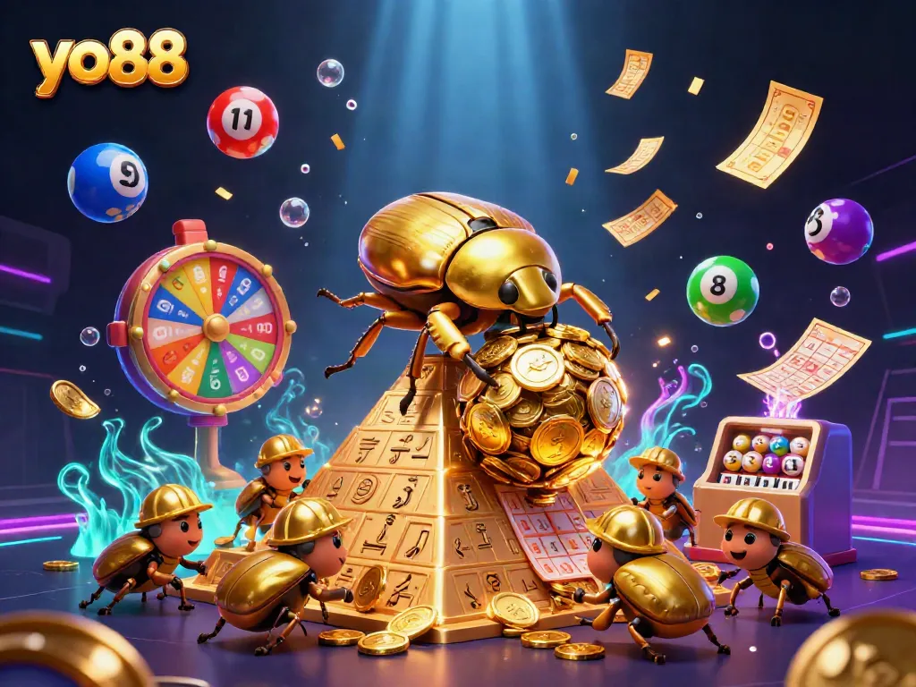 Spin to win with yo88's vibrant golden casino illustration, dynamic lottery and prize elements.