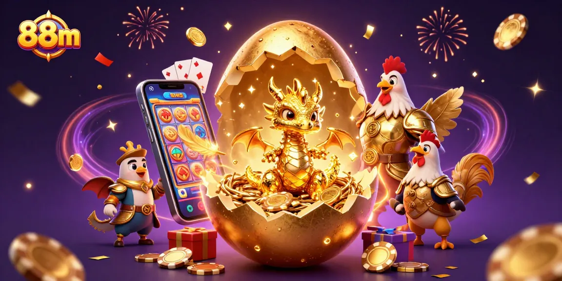 Experience the excitement with 88m's golden dragon emerging from a poker chip nest, surrounded by vibrant gaming elements.