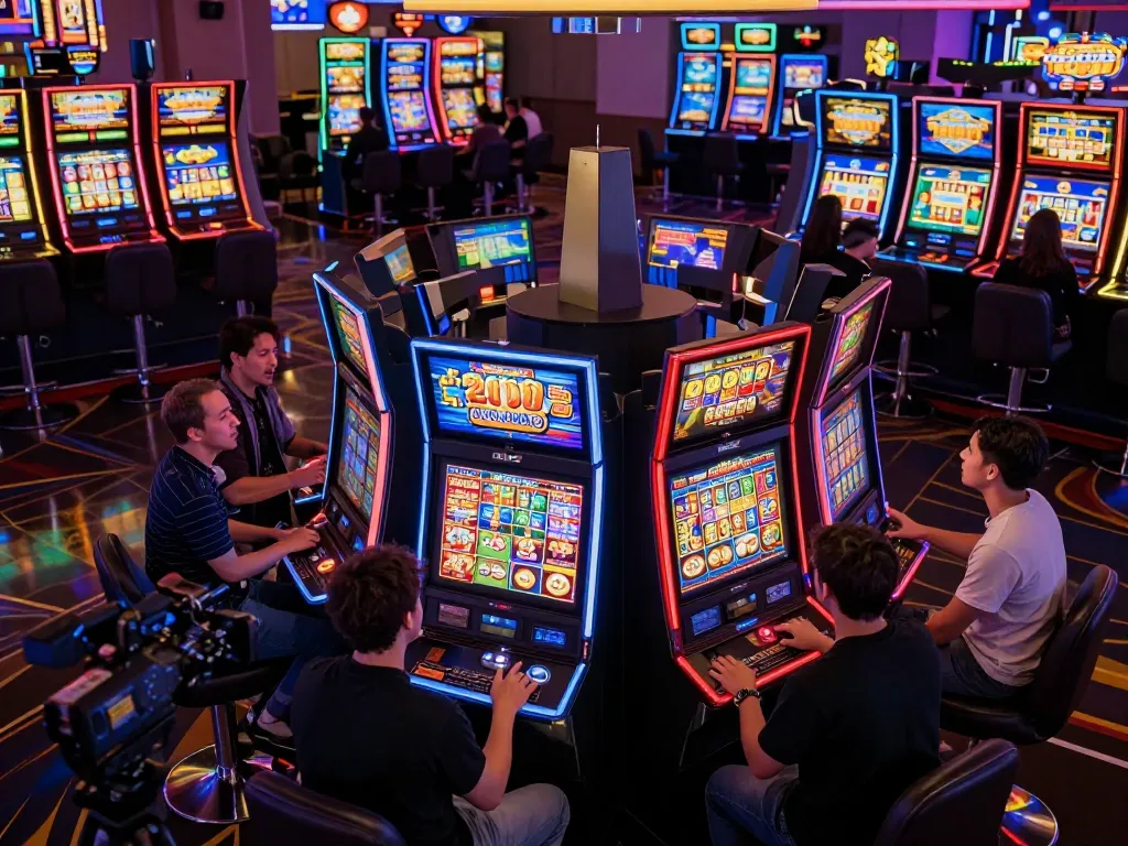 Players experiencing thrilling gameplay with slot bet 200 at vibrant casino slot machines under lively neon lights.
