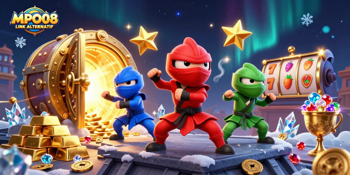 Engage with MPO08 LINK ALTERNATIF through this vibrant 3D ninja-themed casino illustration.