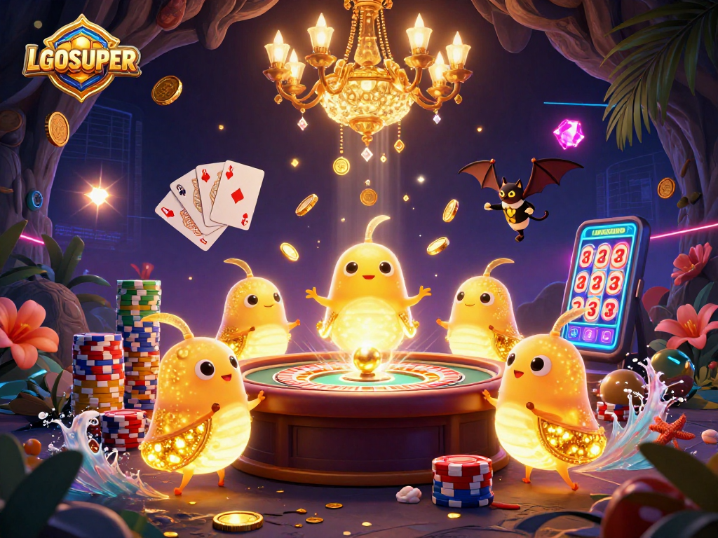 Play exciting slots at LGOSUPER casino, featuring vibrant glowworms, golden coins, and neon lights.