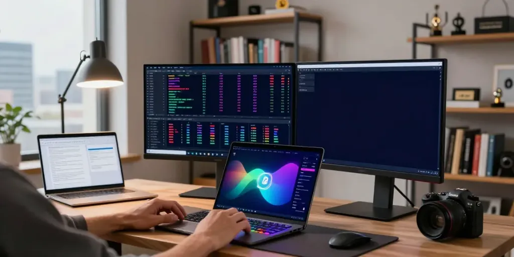 Durov2 crypto trading environment with dual monitors displaying digital assets and real-time trading data.