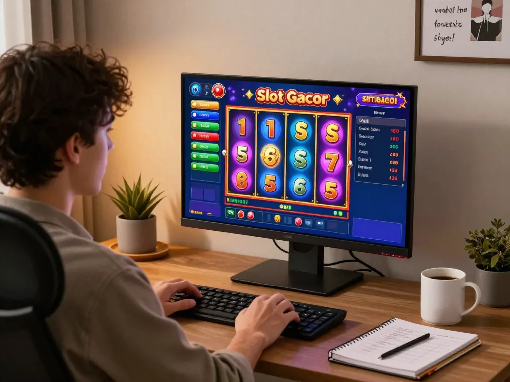 Engaging Slot Gacor gameplay displayed on a computer screen, revealing colorful spinning reels and player involvement in online gaming.