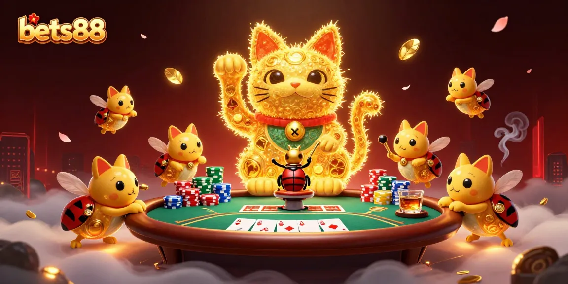 Experience exciting slots and games at bets88 with a vibrant lucky cat and dynamic casino scene.