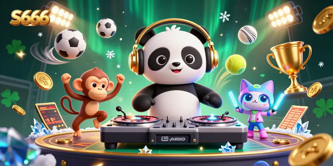 S666 celebrates wins with a DJ panda and dancing monkey surrounded by dynamic sports elements in a vibrant 3D scene.