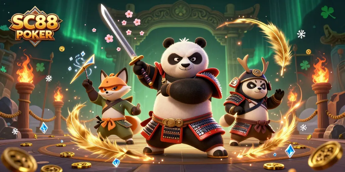 Experience thrilling play in SC88 POKER with a fierce samurai panda and ninja fox amidst dynamic casino action.