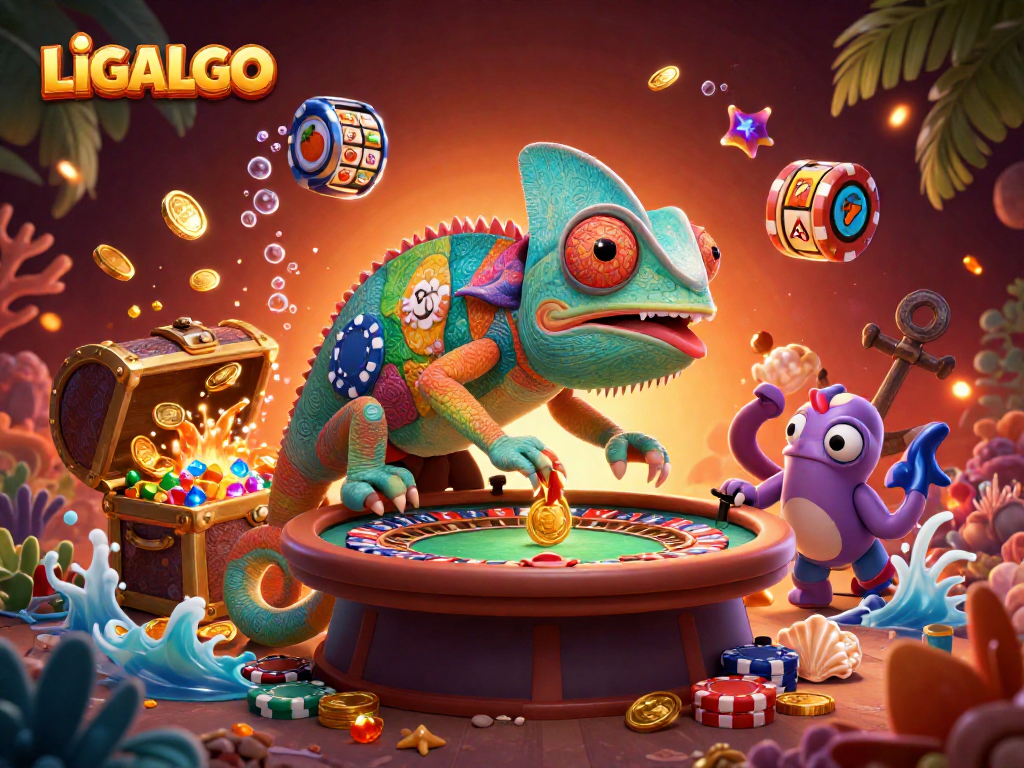 LIGALGO's vibrant 3D chameleon casino scene with slot symbols and treasures highlighting player excitement.