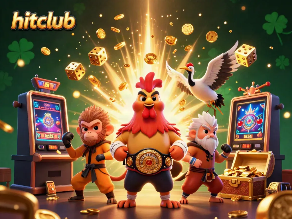 Engage with hitclub's thrilling gaming experience, highlighted in a vibrant 3D scene of games and characters.