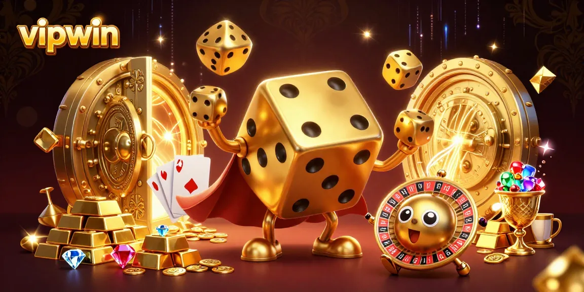 Experience the excitement at vipwin with a dynamic 3D casino scene filled with golden dice and vibrant treasures.