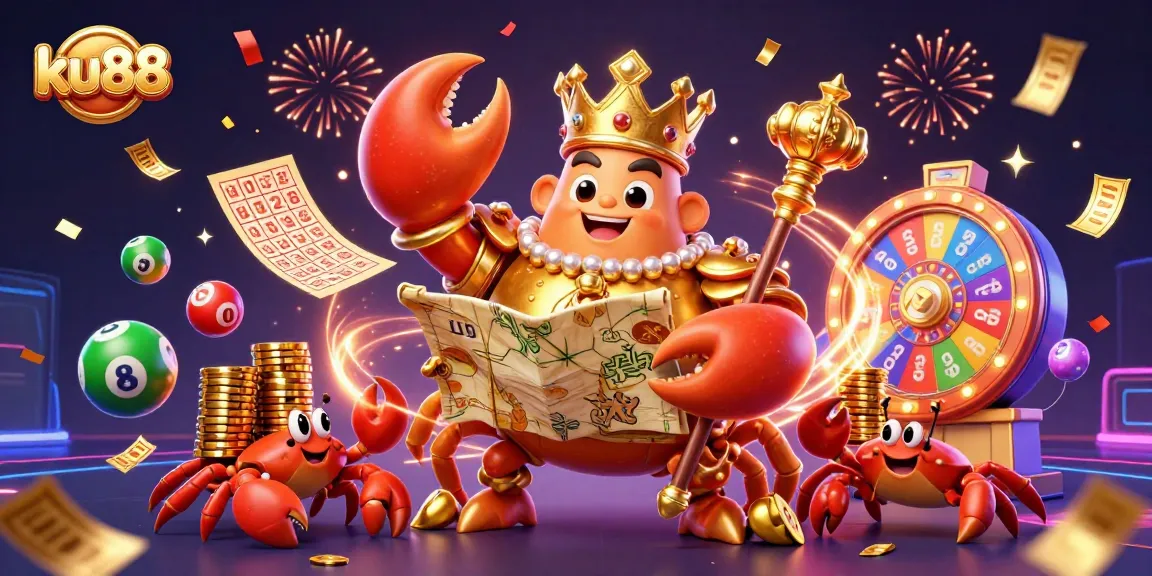 Win big at ku88 with a golden crab emperor amidst vibrant lottery elements.