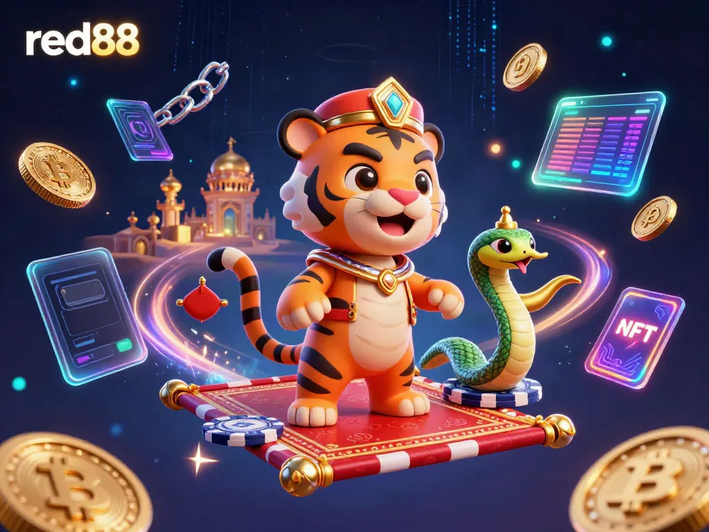 Experience the excitement of red88 with vibrant casino elements featuring dynamic characters and crypto coins.