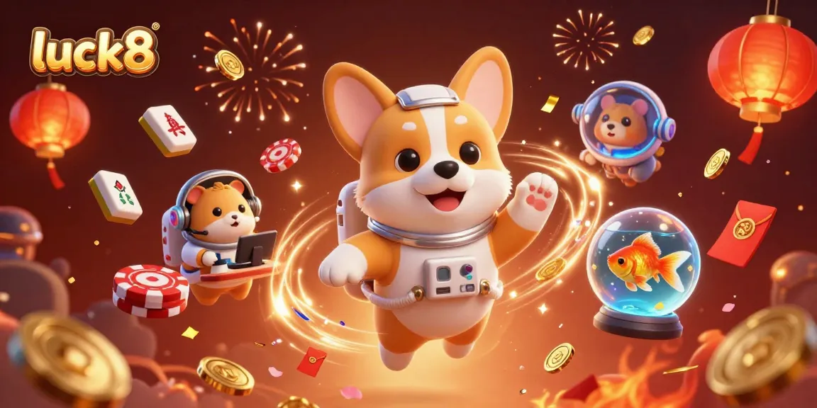 Luck8 embraces excitement with a floating astronaut corgi in a vibrant casino scene, enhancing the gaming experience.