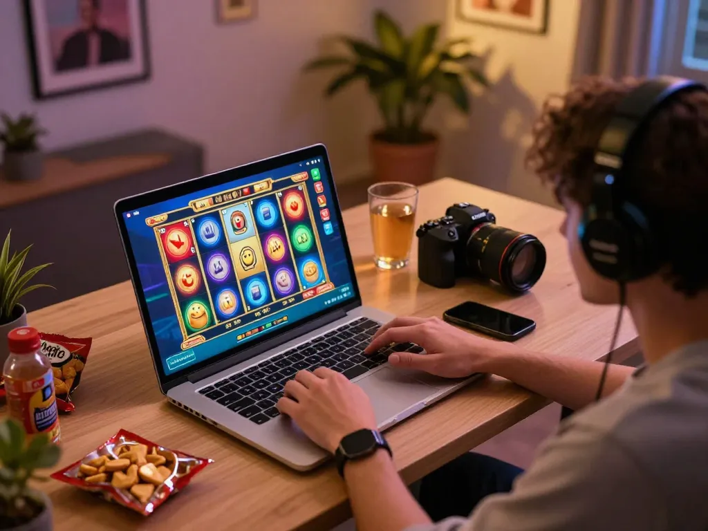 Engaging gameplay scene with cashmyminutes displayed on a laptop, focused on slots and player excitement.