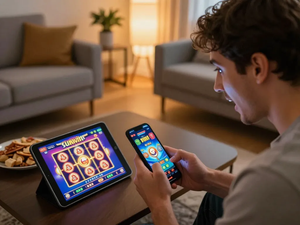 Gambler enjoying sunwin casino app on smartphone in cozy home setting, capturing excitement and gaming atmosphere