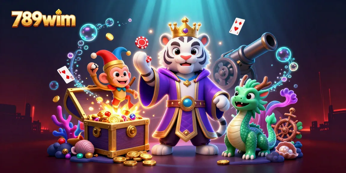 Join the exciting 789wim casino adventure with vibrant characters juggling chips and glowing treasures.