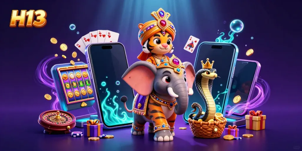 Experience exhilarating gameplay at H13 with a vibrant 3D scene featuring casino elements, a maharaja tiger, and treasures.