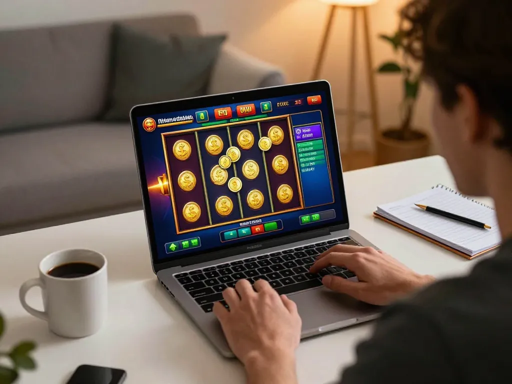 Player engaging with online slot game on a laptop, capturing excitement at fanstoysnewsandreviews.