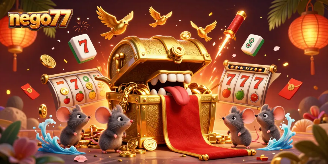 Play exciting slots with nego77, featuring vibrant slot reels and a rich casino atmosphere.