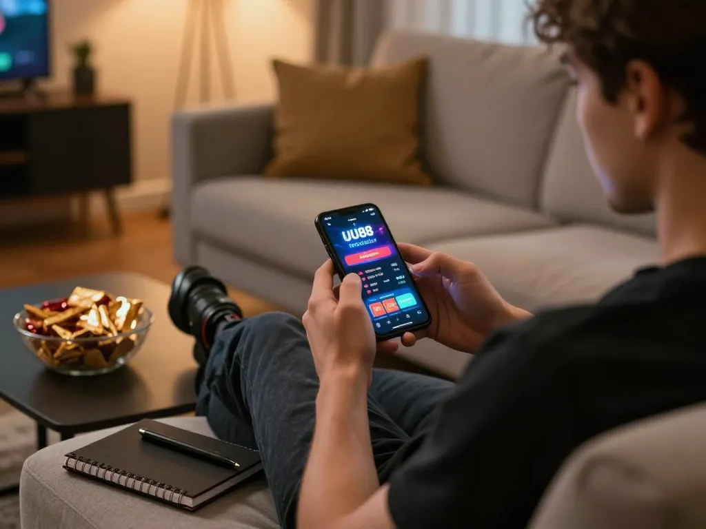 Player engaging with the trang chủ uu88 app on smartphone in a cozy home environment