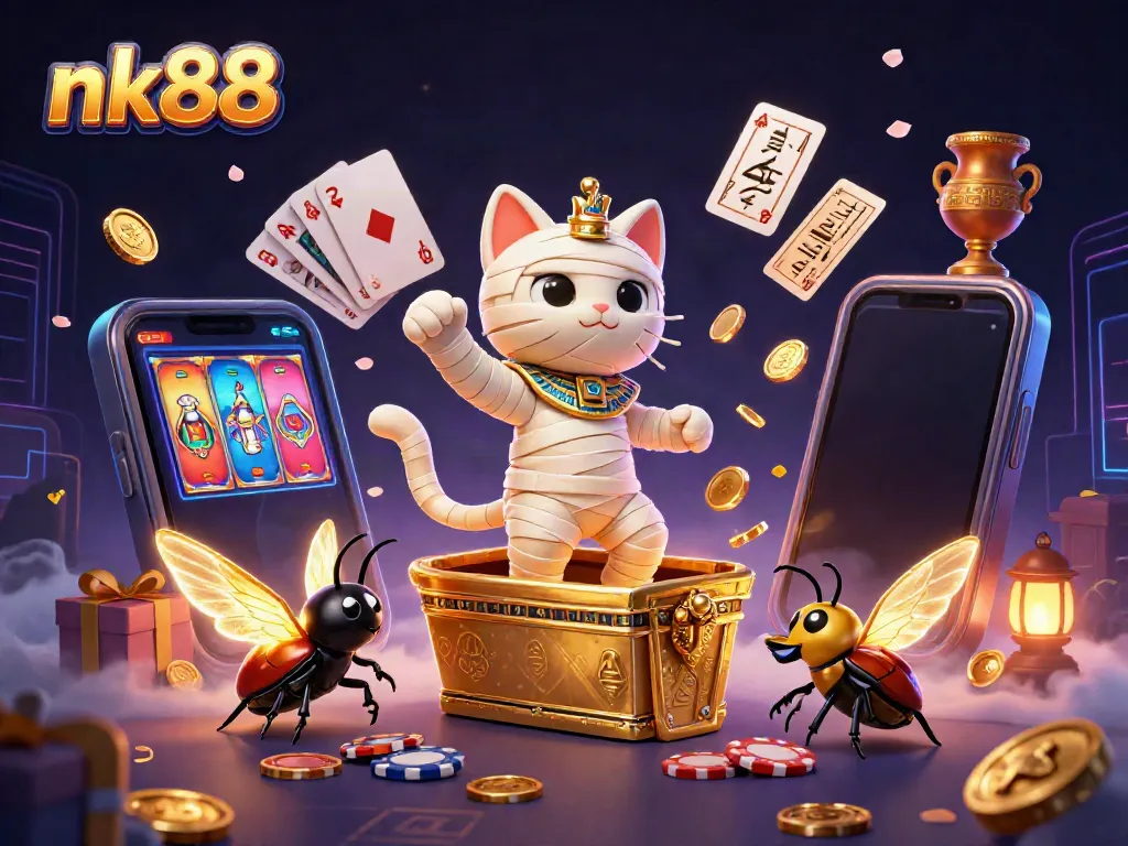 Experience slots and gaming thrills with nk88 featuring a vibrant mummy cat scene in a dynamic casino.