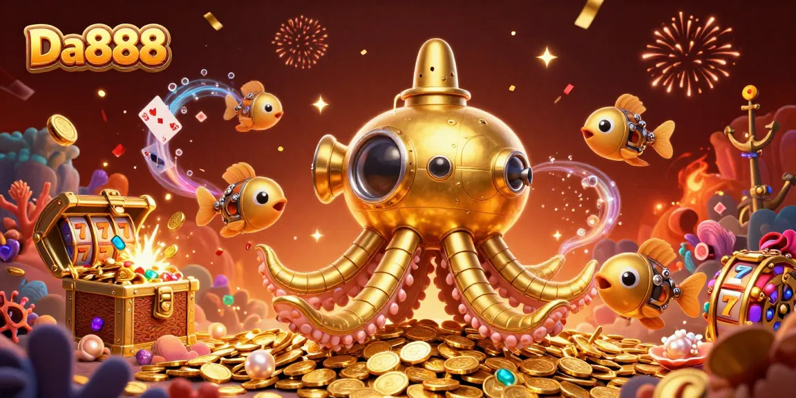 Experience the thrill of Da888 with an immersive scene of a golden kraken submarine surrounded by slots and treasures.