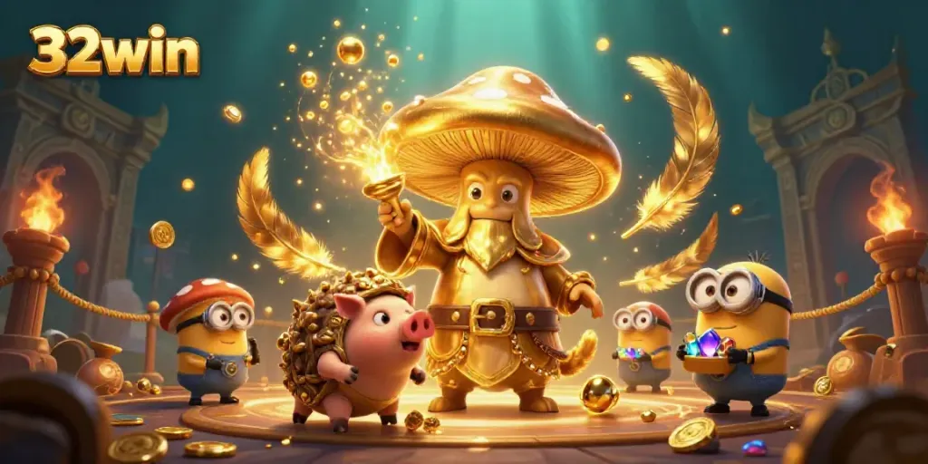 Experience thrill at 32win with a magical golden mushroom and treasure-hunting pig in an enchanting scene.