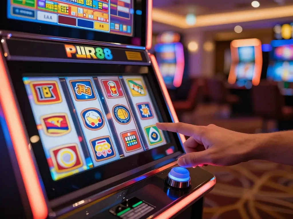 SLOT88 slots spinning with vibrant colors, player interacting with the machine, showcasing excitement.