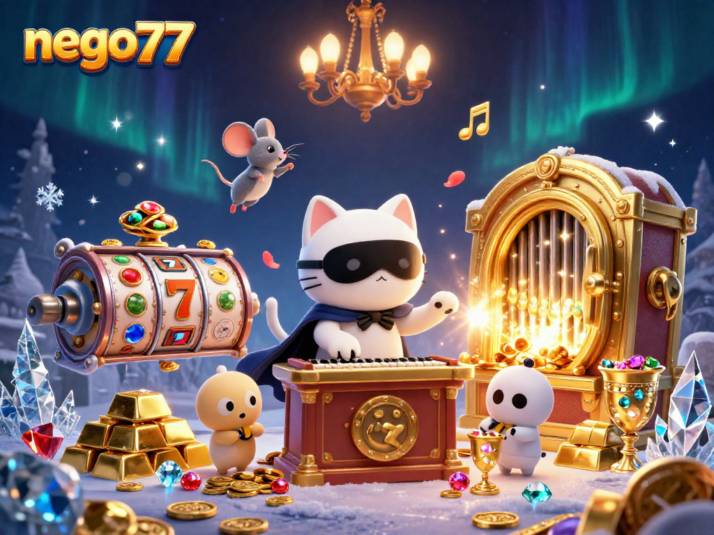 Immerse in the magic of nego77 with a vibrant 3D casino scene featuring a masked cat and treasures.