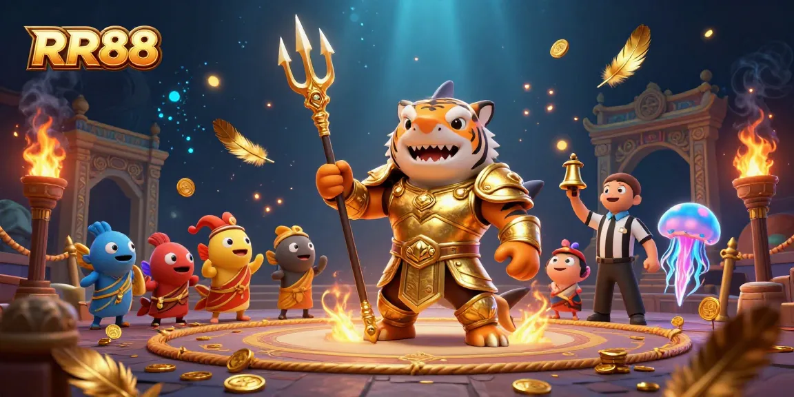 Experience thrilling underwater battles in RR88's casino with a golden gladiator shark and cheering fish!