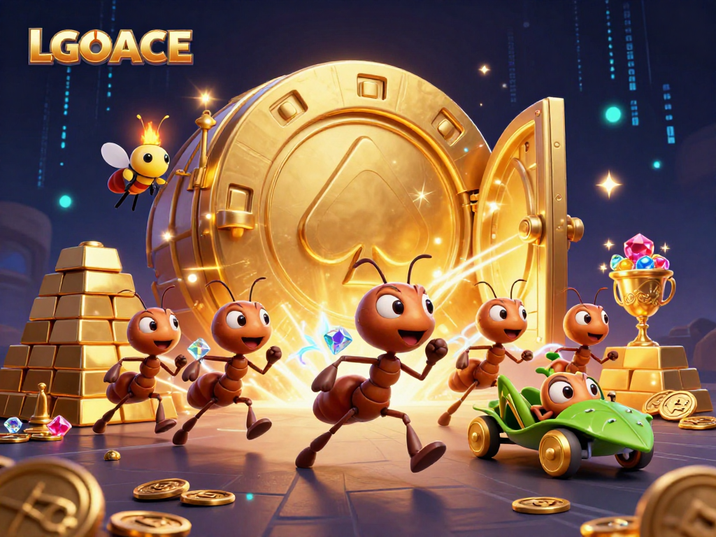 LGOACE showcases animated ants orchestrating a heist for oversized poker chips in a vibrant casino treasure scene.