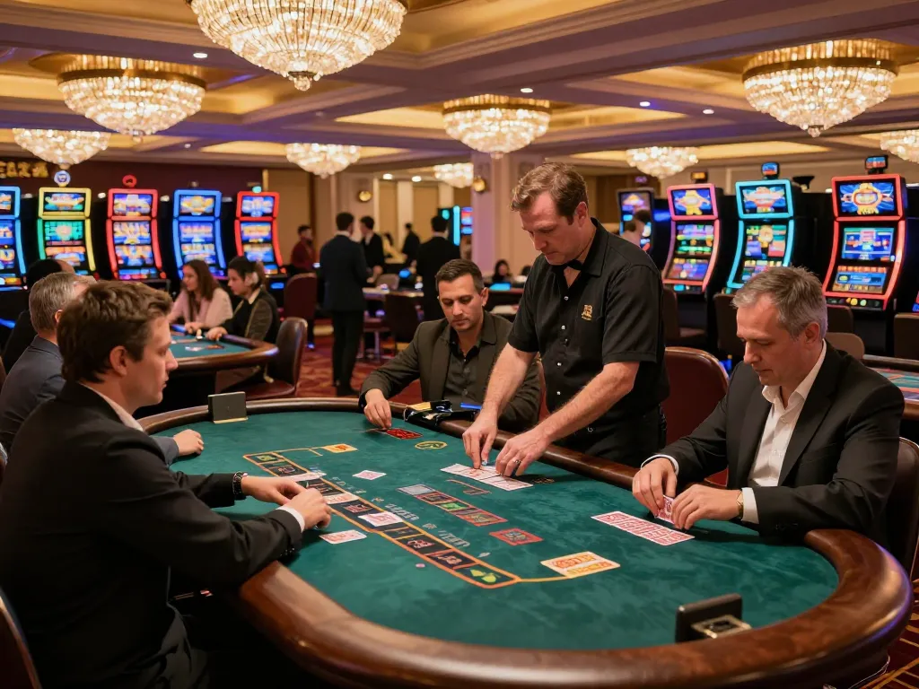 Players enjoying blackjack at lecreusot-hotel's elegant casino floor, vibrant gaming atmosphere