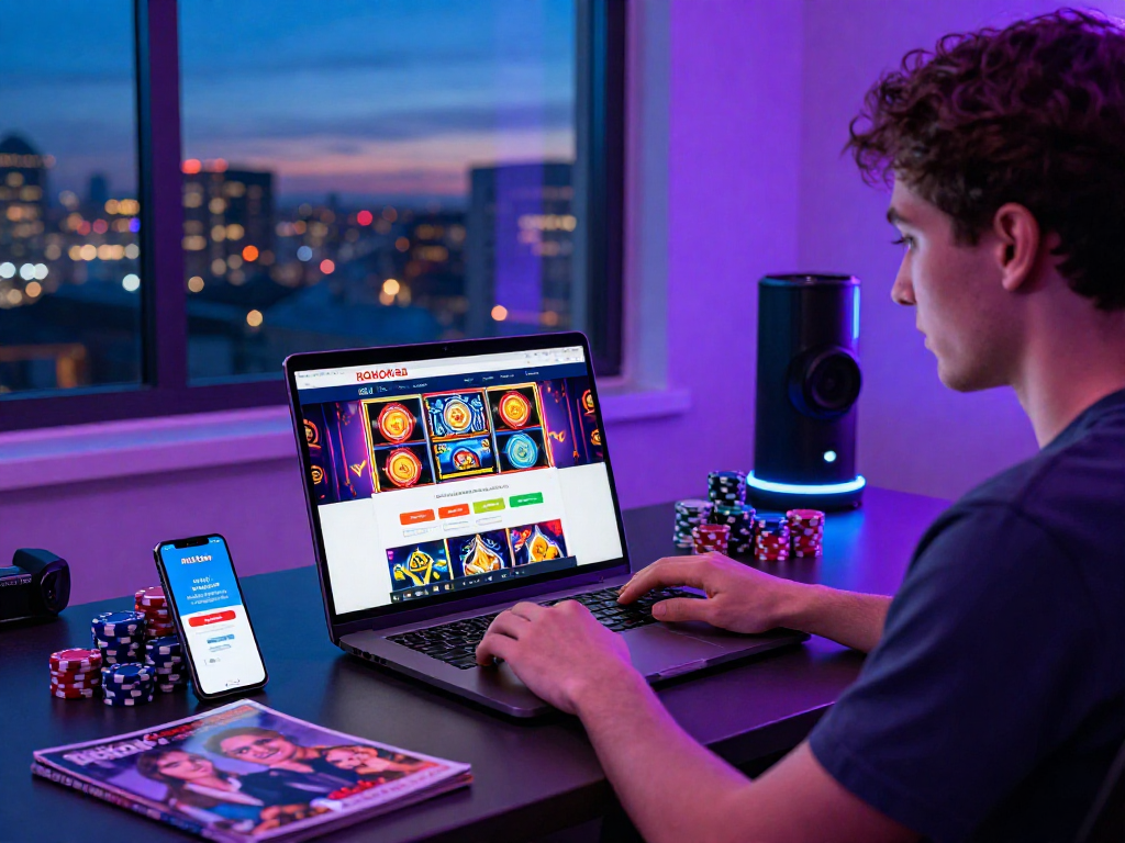 ROKOK88 login page on a laptop, showcasing vibrant online casino experience with gaming chips.
