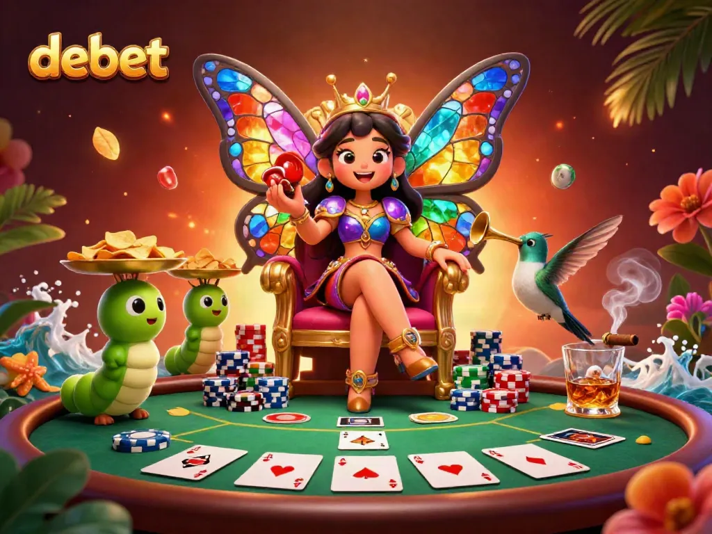 Experience gaming excitement with debet's vibrant casino scene featuring a butterfly queen and poker elements.