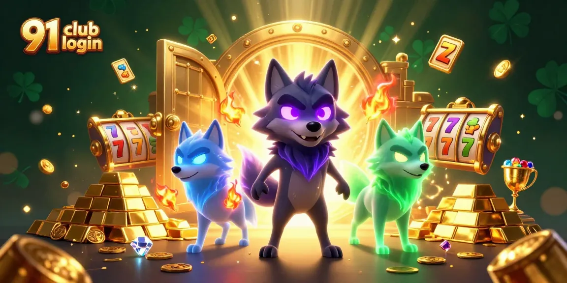 Engage with 91 club login amidst a vibrant casino scene featuring ghostly wolves, treasure, and slot games.