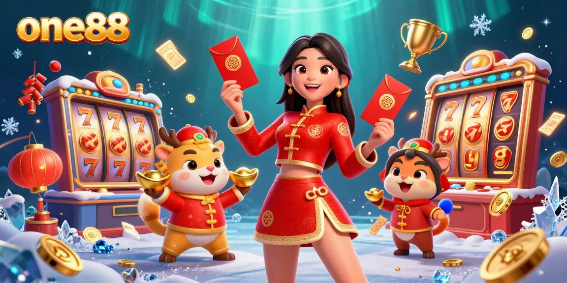 Experience the thrill of one88 with vibrant casino elements and festive characters celebrating prosperity.