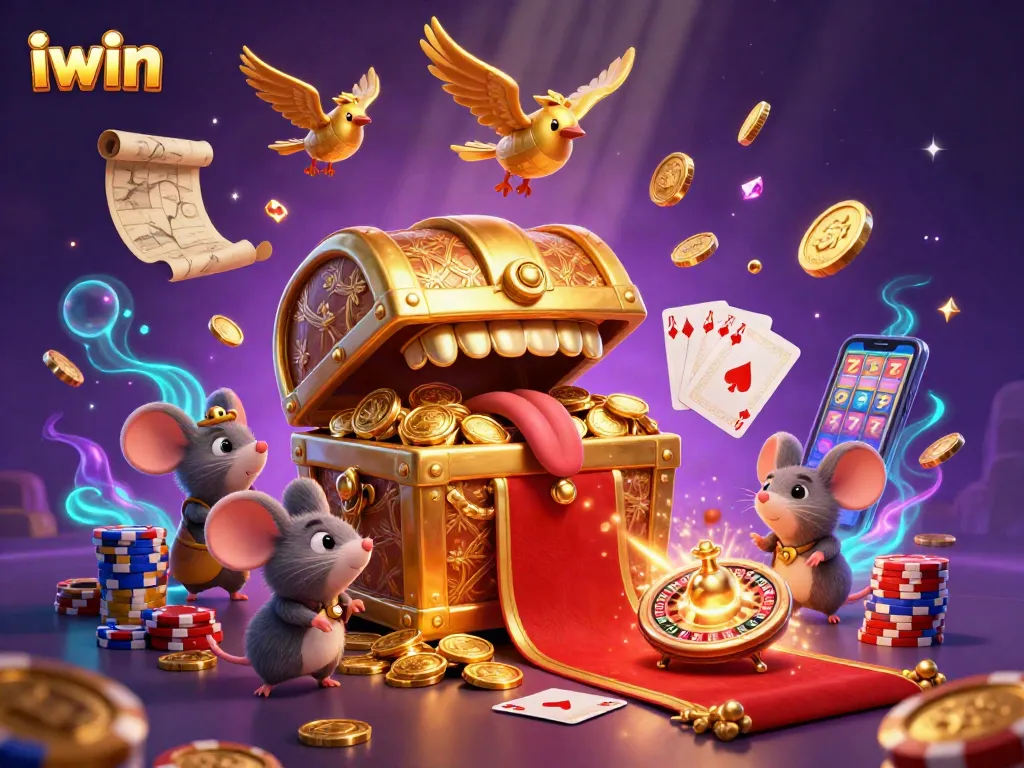 Join the iwin adventure with a cartoon treasure chest and golden coins while winning at the casino.