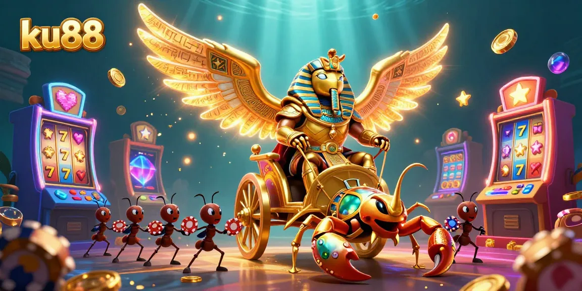 Engage in thrilling games at ku88 with a dazzling illustration featuring a golden scarab and vibrant slot machines.