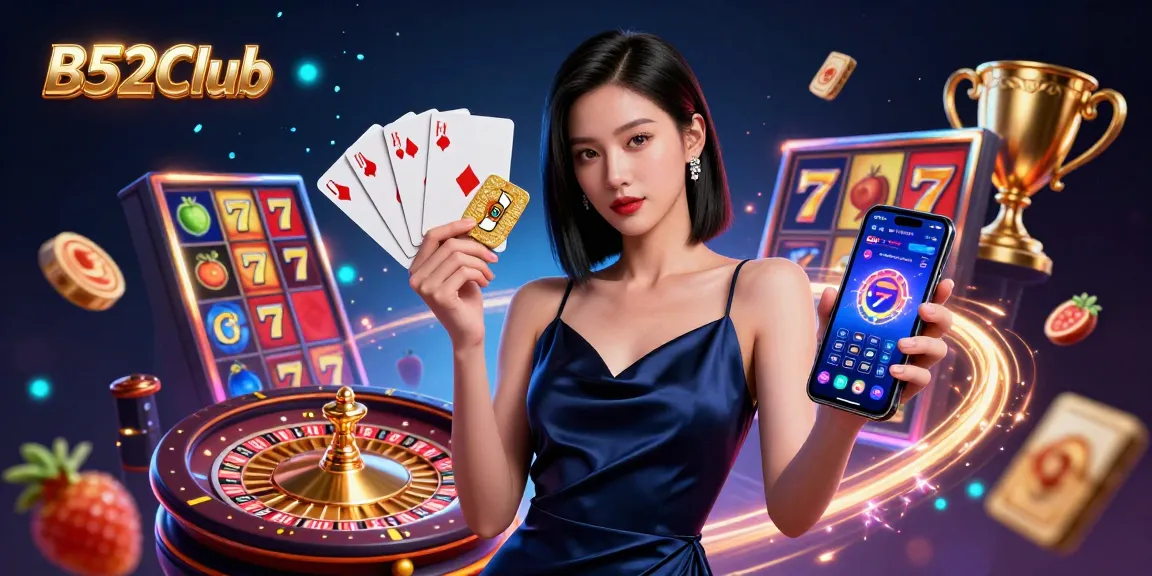 B52Club showcases a stunning woman enjoying slot games with dynamic casino elements surrounding her.