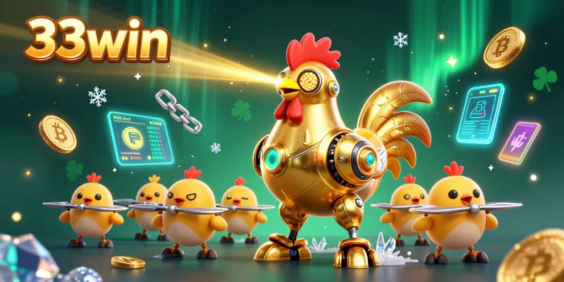 Engage with 33win's exciting gaming world featuring retro-futuristic characters and digital casino elements.