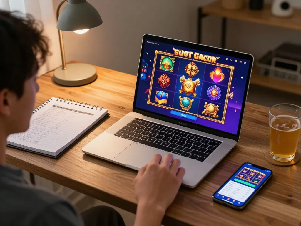 Engaging Slot Gacor gameplay on a laptop, complemented by strategic betting notes and a calm home atmosphere.