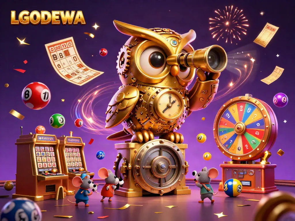 Experience LGODEWA's vibrant casino world with a clockwork owl and energetic game elements.