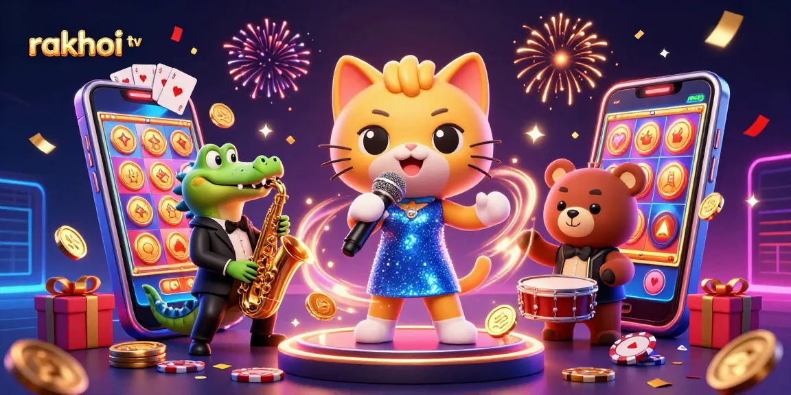 Join the fun at Rakhoi TV with an interactive and vibrant cartoon casino scene featuring a jazz-singer cat and more.